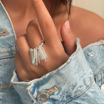 Stainless Steel Tassel Chain Dangle Ring Gold One Size Fashion Jewelry