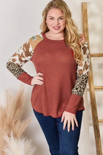 Hailey & Co Full Size Leopard Waffle-Knit Blouse RUST Woman Blouses