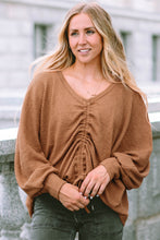 Drawstring Ruched V-Neck Blouse Camel Woman Blouses