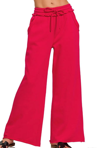 Zenana Fleece Exposed Seam Wide Leg Sweatpants RUBY