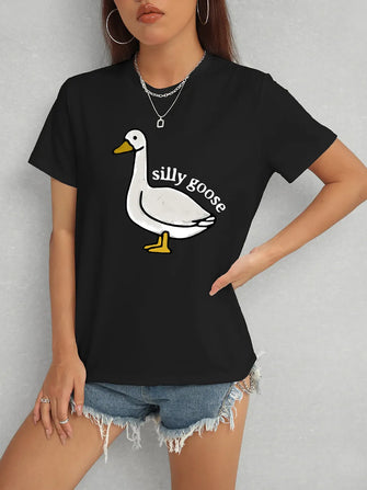 Goose Round Neck Short Sleeve T-Shirt Black