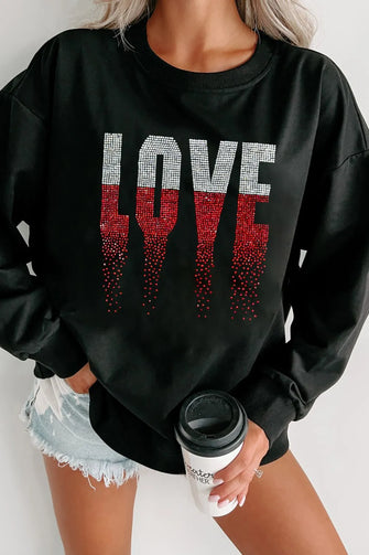 Rhinestone LOVE Round Neck Long Sleeve Sweatshirt Black