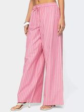 Pink and white striped wide leg pants with a drawstring waistband in lightweight fabric for comfortable wear
