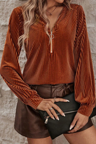 Ribbed Zip Up Long Sleeve T-Shirt Caramel