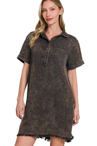 Zenana Tencel Mineral Washed Collared Shirts Dress ASH BLACK Casual Dresses