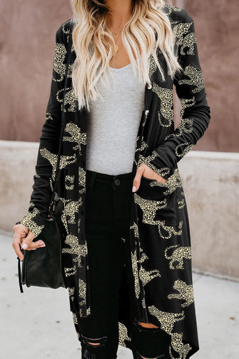 Animal Pattern Ribbed Button Up Long Sleeve Cardigan Black