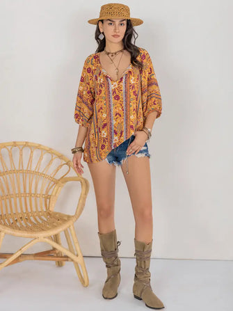 Printed Tie Neck Blouse Gold Woman Blouses