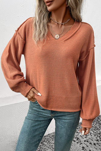 Perfee V-Neck Exposed Seam Sweater Pumpkin