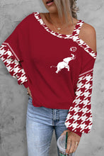 Houndstooth Long Sleeve Asymmetrical Neck Top Deep Red Woman Blouses