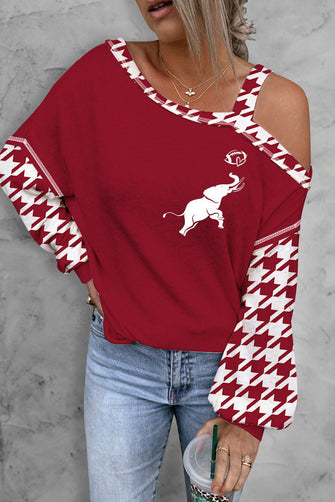 Houndstooth Long Sleeve Asymmetrical Neck Top Deep Red Woman Blouses