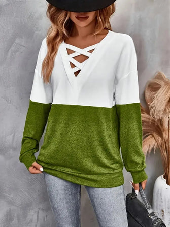 Contrast Crisscross V-Neck Long Sleeve Top Matcha Green