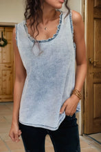 Mineral Wash Denim Frayed U Neck Sleeveless Top Medium