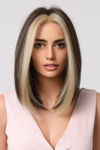 13*1" Full-Machine Wigs Synthetic Mid-length Straight 9" Brown Blonde Money Piece One Size Hair