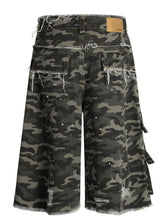 Men's Distressed Camo Print Cargo Denim Shorts