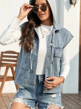 Drawstring Button Up Sleeveless Denim Jacket Woman Outerwear