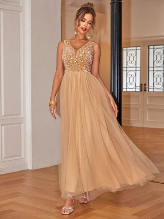 Sequin V-Neck Sleeveless Dress Tan