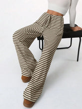 Beige and dark brown striped wide leg drawstring pants with a comfortable drawstring waistband and flowing fit