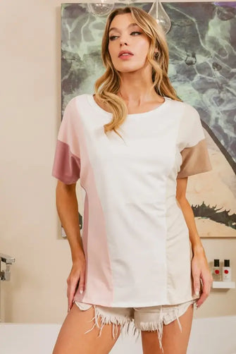 BiBi Color Block Short Sleeve T-Shirt Rose Blush Ivo Oys Woman T Shirts