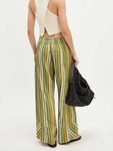Striped high-waisted wide leg pants in green and yellow textured fabric wide leg pants with vertical stripes and care instructions