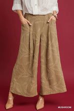 Tan umgee jacquard wide-leg pants featuring subtle leaf embroidery in a comfortable jacquard fabric