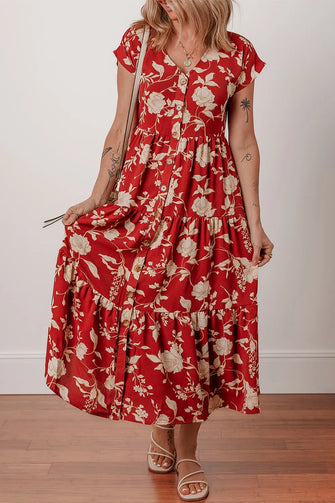 Floral Print Buttoned Front V Neck Tiered Short Sleeve Midi Dress Deep Red
