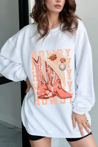 Boots Graphic Round Neck Long Sleeve Sweatshirt White Woman Sweatshirts