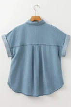 Folded Short Sleeve Patched Pocket Denim Shirt Woman Denim Tops