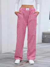 Red and white gingham check wide leg casual pants with elastic waistband and vogue brand label plaid wide leg design