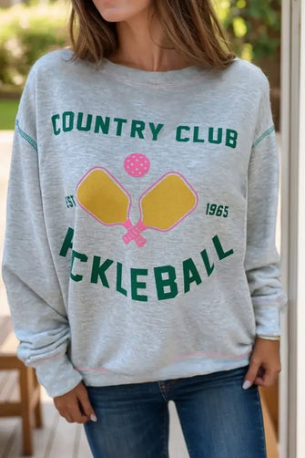 Pickleball Round Neck Dropped Shoulder Sweatshirt Gray Woman Sweatshirts