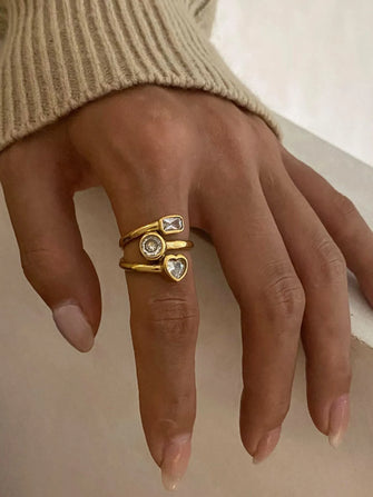 18K Gold-Plated Stainless Steel Geometric Inlaid Zircon Ring Gold One Size