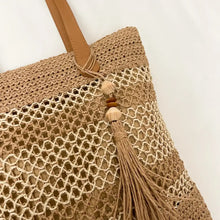 Contrast Woven Straw Beach Tote Bag with Tassel Detail Shoulder Bags
