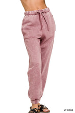 Light rose-colored zenana acid wash fleece sweatpants with soft cotton, drawstring waistband, and elastic cuffs with pockets