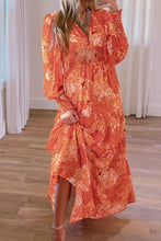 Smocked Printed V-Neck Long Sleeve Dress Orange