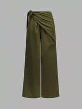 Olive green wrap waist wide leg trousers with draped tied waistband for stylish comfortable wear