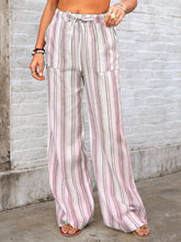 Full size striped wide pink white and muted green soft fabric wide leg pants with drawstring waistband plus size