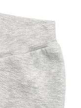 Gray heathered high waisted flare leg pants with soft textured weave and elastic waistband