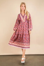 VERY J Floral Printed Boho V-Neck Balloon Sleeve Dress Purple Mix Casual Dresses