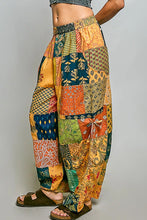 Pol printed patchwork vibrant orange teal green and gold wide leg harem pants with elastic waistband and adjustable drawstring
