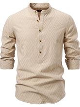Men's Half Button Geometric Texture Collared Neck Shirt Khaki
