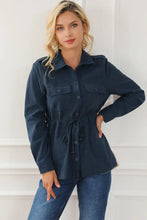 Geometric Button Up Drawstring Collared Neck Jacket Peacock Blue Woman Outerwear