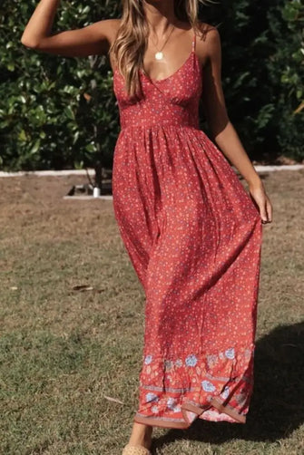 Printed Maxi Cami Dress Deep Red Casual Dresses
