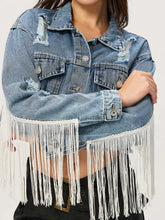 Distressed Fringe Collared Neck Cropped Denim Top Medium