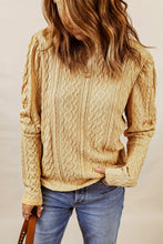 Cable-Knit Round Neck Long Sleeve Blouse Yellow Green