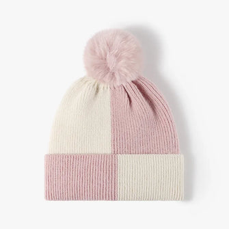 Color Block Knit Hat with Pom-pom Blush Pink One Size