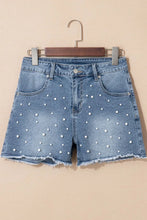 Pearl Beaded Raw Hem Wash Denim Shorts