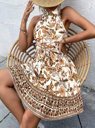 Floral Halter Neck Summer Mini Dress Tan
