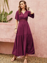 Openwork V-Neck Flare Sleeve Ruched Dress Woman Maxi Dress