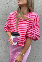 Striped Round Neck Long Sleeve Sweatshirt Hot Pink