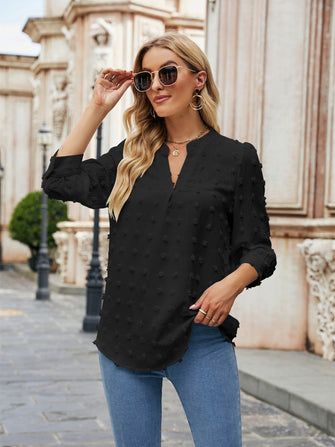 Swiss Dot Notched Neck Blouse Black Woman Blouses