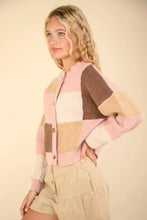 VERY J Color Block Button Down Textured Sweater Cardigan Woman Outerwear